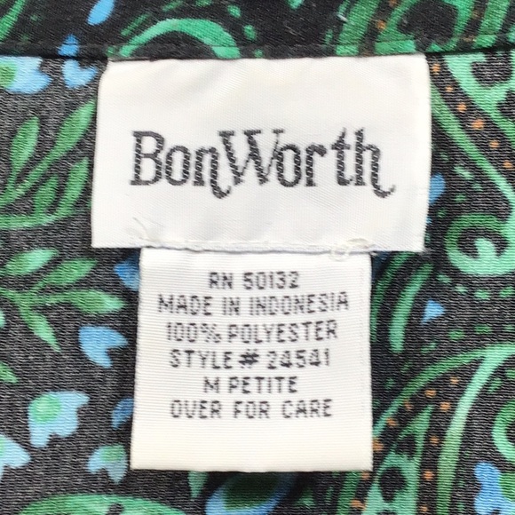 🦚VTG BonWorth Petite Black Teal Paisley Long Sleeve Blouse - Picture 3 of 8